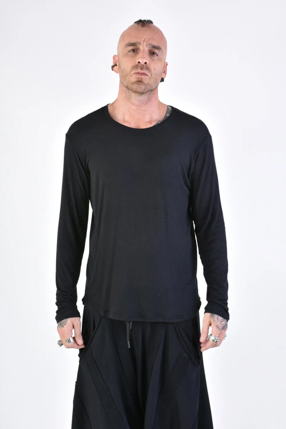 3J LM165 L/S Regular Fit Viscose/Silk T-Shirt Black