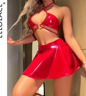 Ellolace Fetish Pvc Lingerie Pu Leather Setup Ladies Skirt Underwear Red Set Donna 2 pezzi Cross Bra Outfits Bra  Br