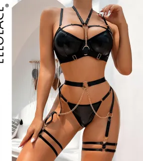 Ellolace Matte Leather Female Lingerie  Luxury Uncensored Underwear 6piece Intimate Halter Chain Fine Bra And Panty Set