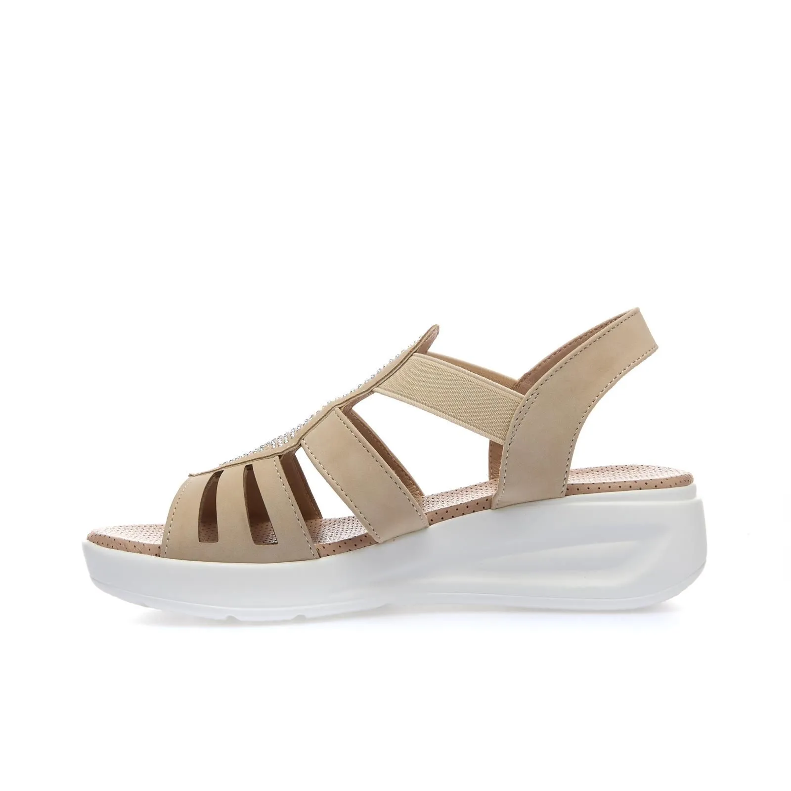 Sandali comfort beige con dettaglio in strass e zeppina