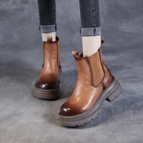 Stivali casual con piattaforma in pelle solida retrò da donna