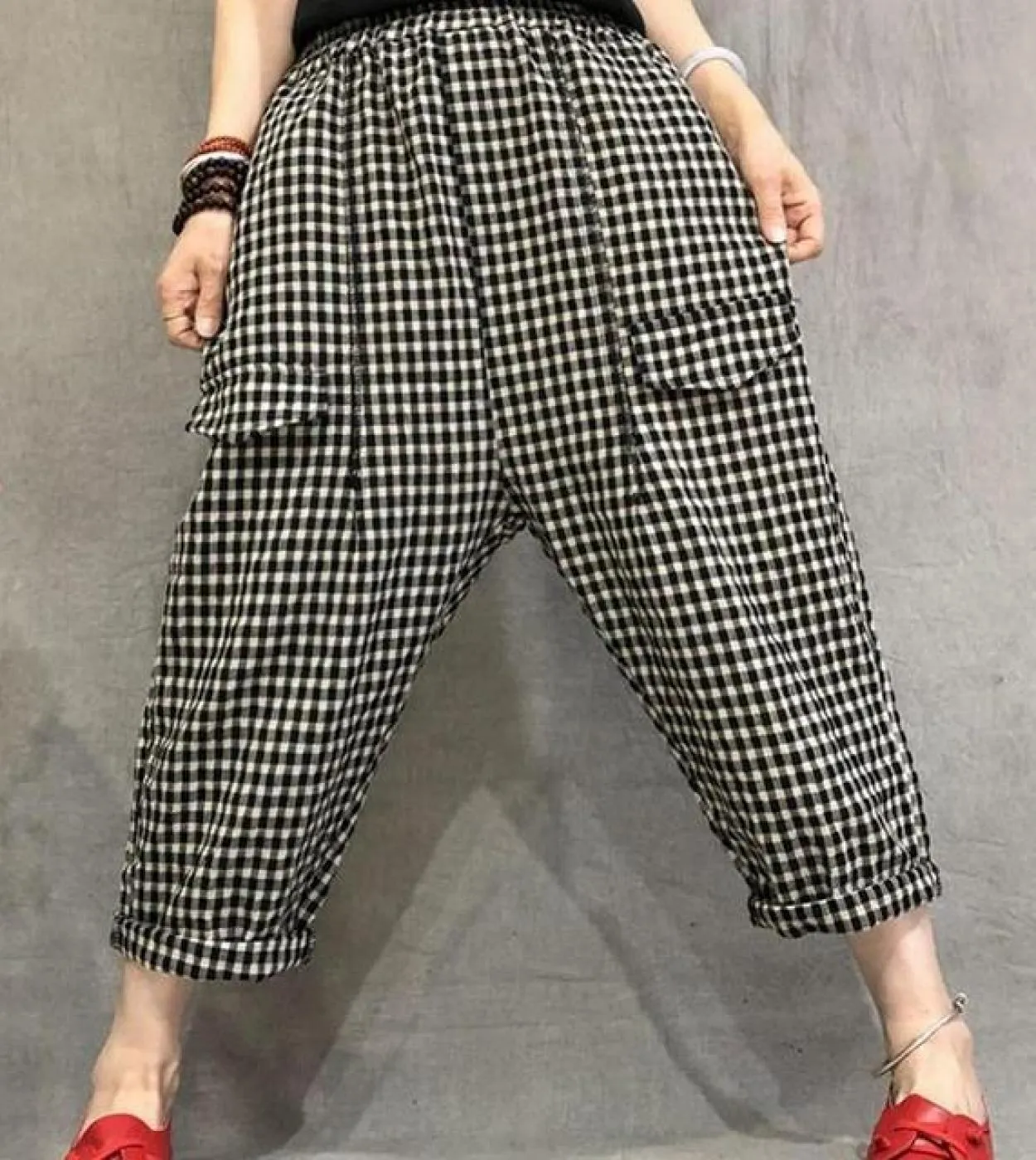 Summer Arts Style Donna Elastico in vita Lunghezza polpaccio Cotone Lino Pantaloni vintage Pantaloni larghi scozzesi Harem casua